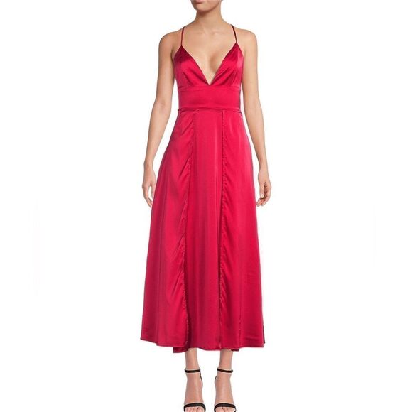 AREA STARS Women's Red Tailored Fit Satin Midi Dress Size Large / L NEW - Picture 1 of 10